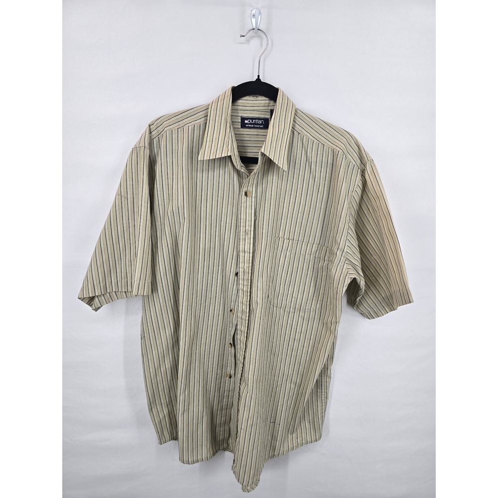 Puritan Mens Tan Striped Short Sleeve Button Down Shirt Wrinkle Resistant Medium